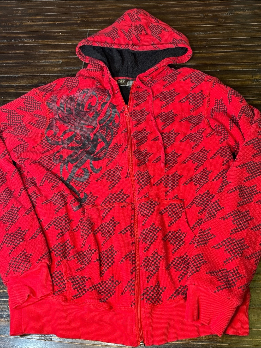 Men's Red Zip-Up Hoodie Sweater with Graphic Detail